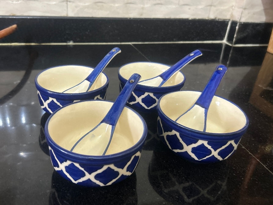 Ceramic Hand Painted Stoneware Large Soup Bowls with Matching Spoons - Set of 4