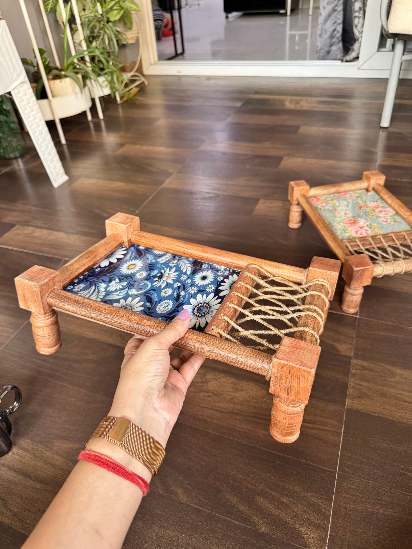 Exquisite Royal Blue Floral Print Wooden Khatiya/Cot Tray