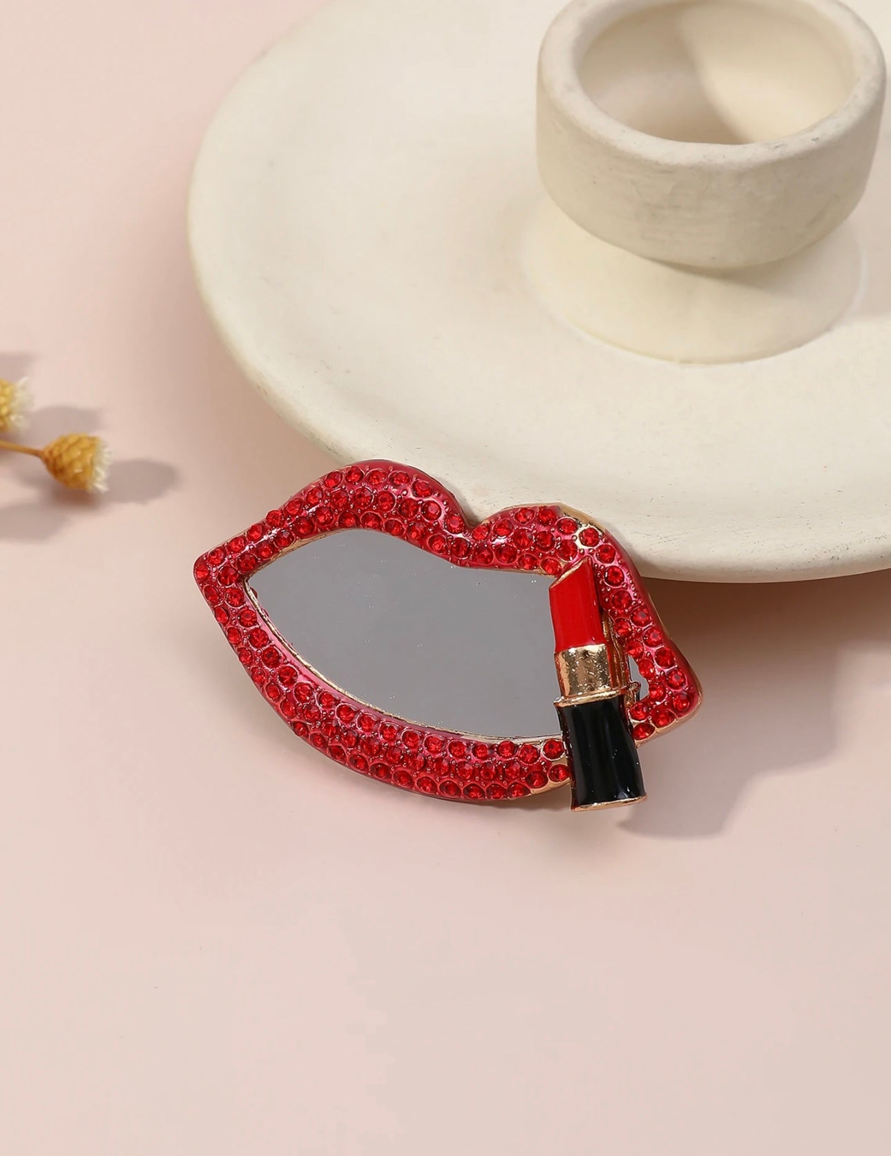 Rhinestones Studded Lip Shape Makeup Mirror