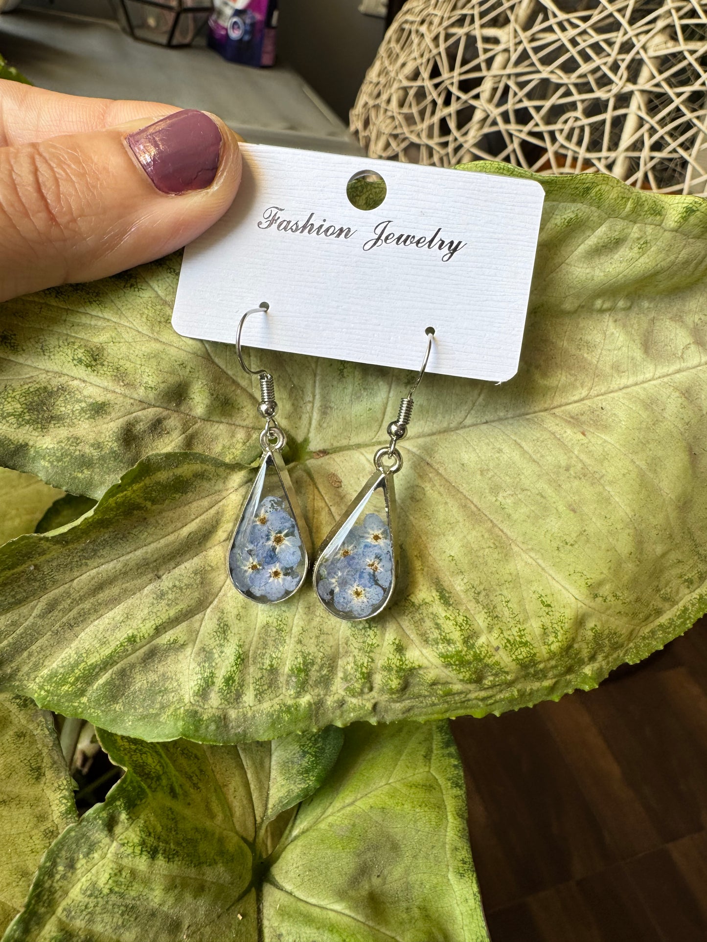 Earrings with Real Forget-Me-Not Pressed Flowers