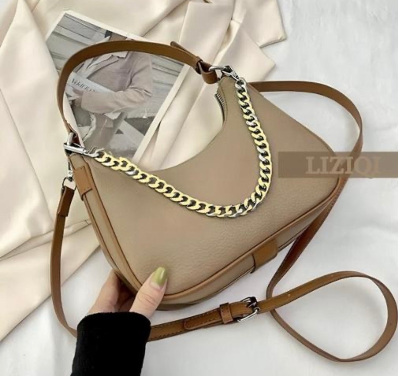Trendy Chain Detail PU Leather Shoulder Handbag