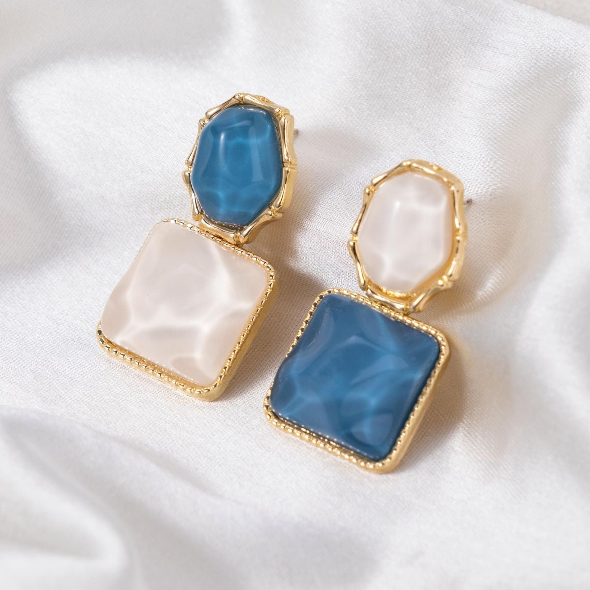 Elegant Gold Plated Blue & White Gemstone Upside Down Ripple Earrings