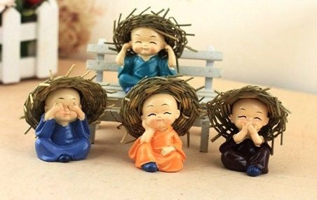 Cute Baby Monk Buddhas with Straw Hats - Set of 4