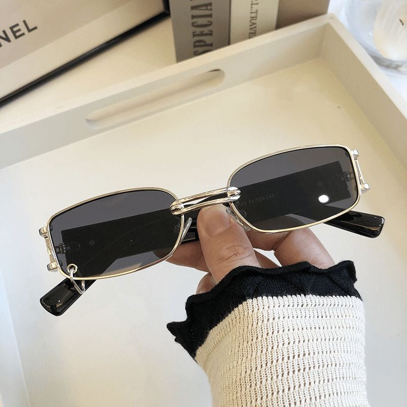 Luxury Vintage Rectangular Sunglasses Black & Gold with Metal Rim