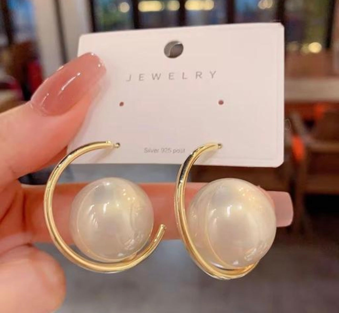 Gold Pearl C-shaped Statement Earrings
