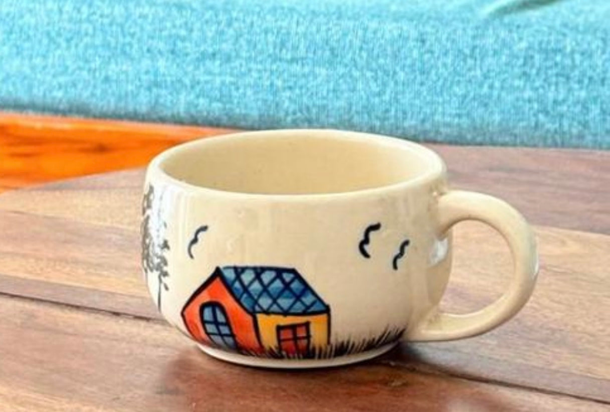 Large Coffee Mug with Handpainted Hut Design