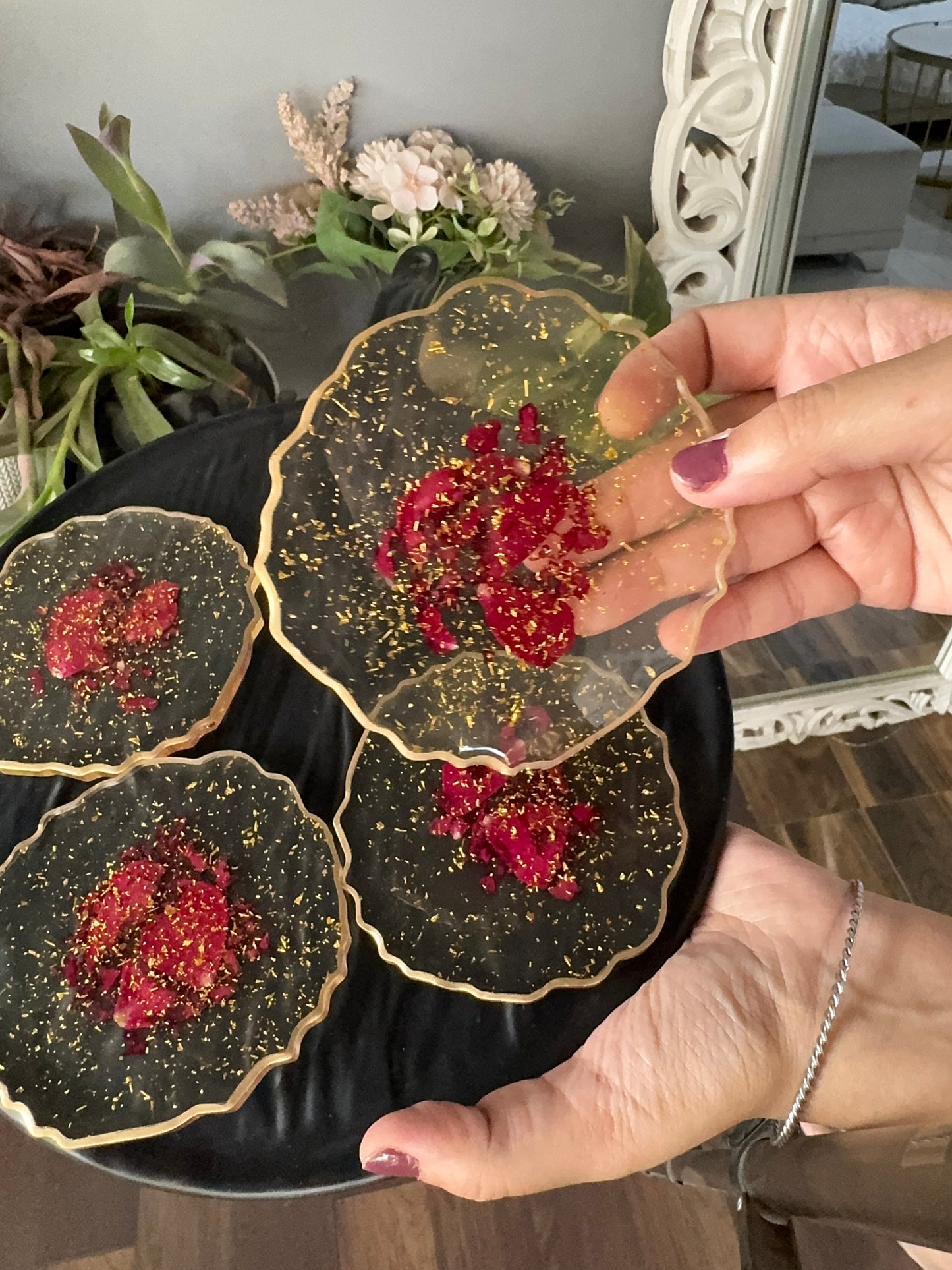 Coasters with Real Rose Petals