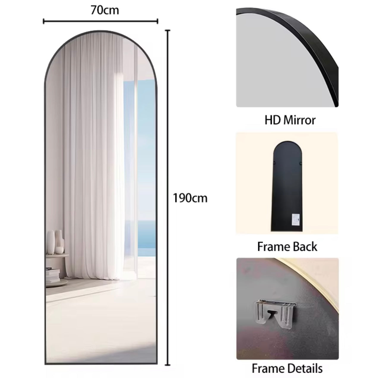 Decorative Full Length Arched Metal Frame Standing Mirror with Stand