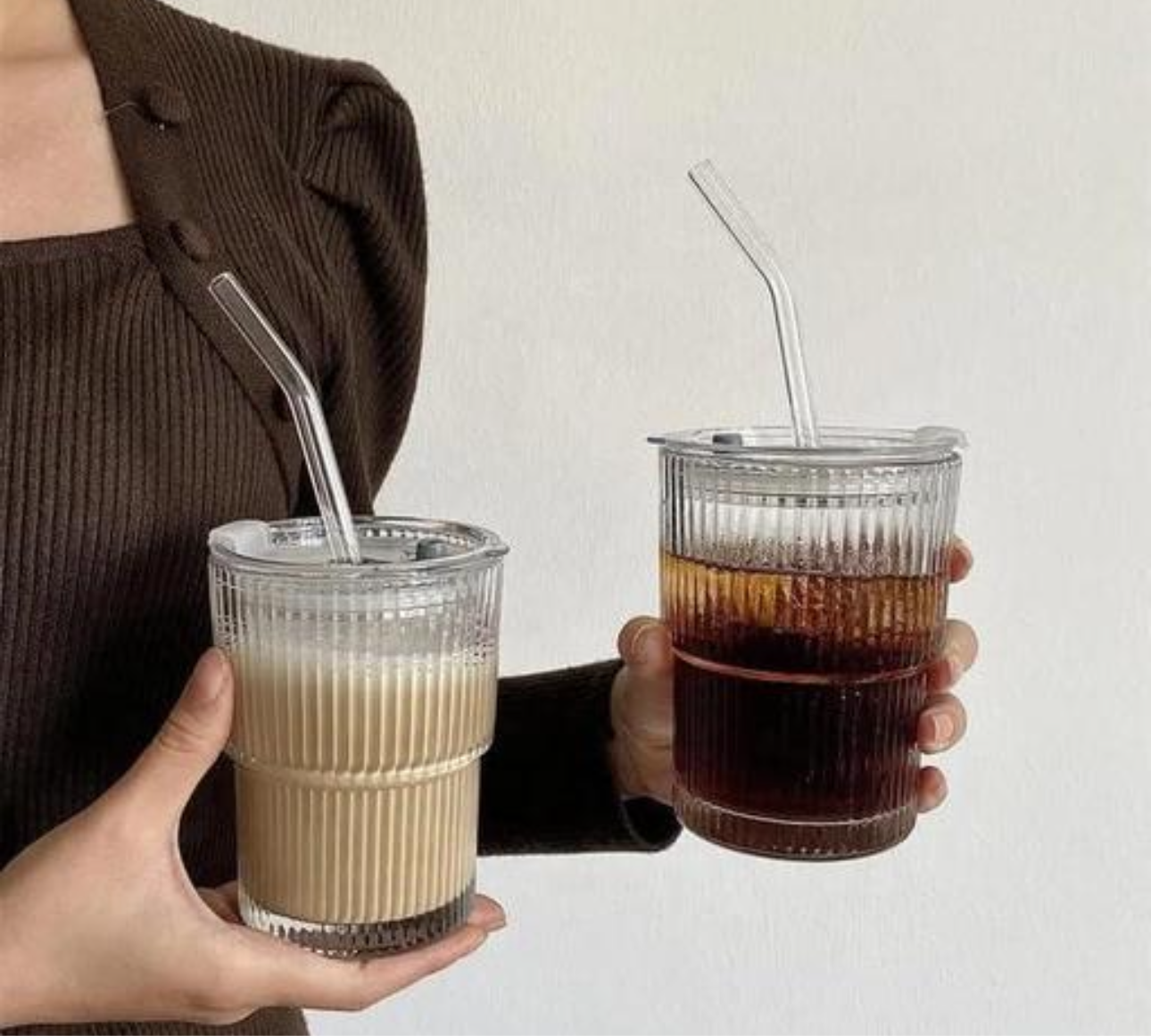 Striped Glass Cup with Straw & Lid