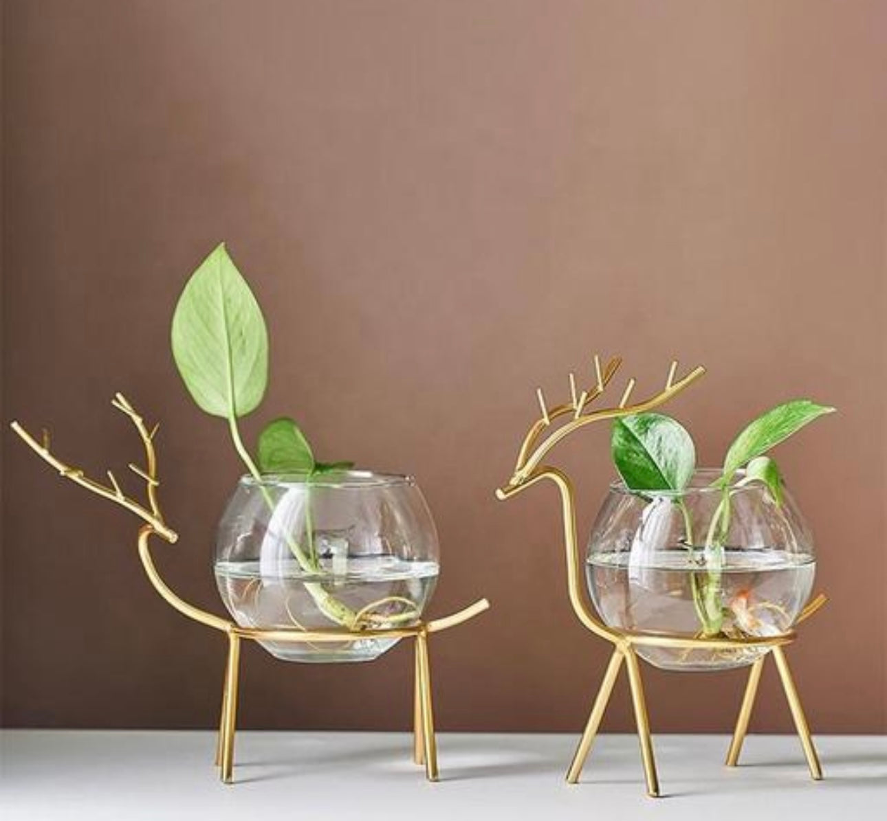 Multipurpose Deer-Shaped Glass Planters/Tea light Candle Holder- Set of 2 (Gold)