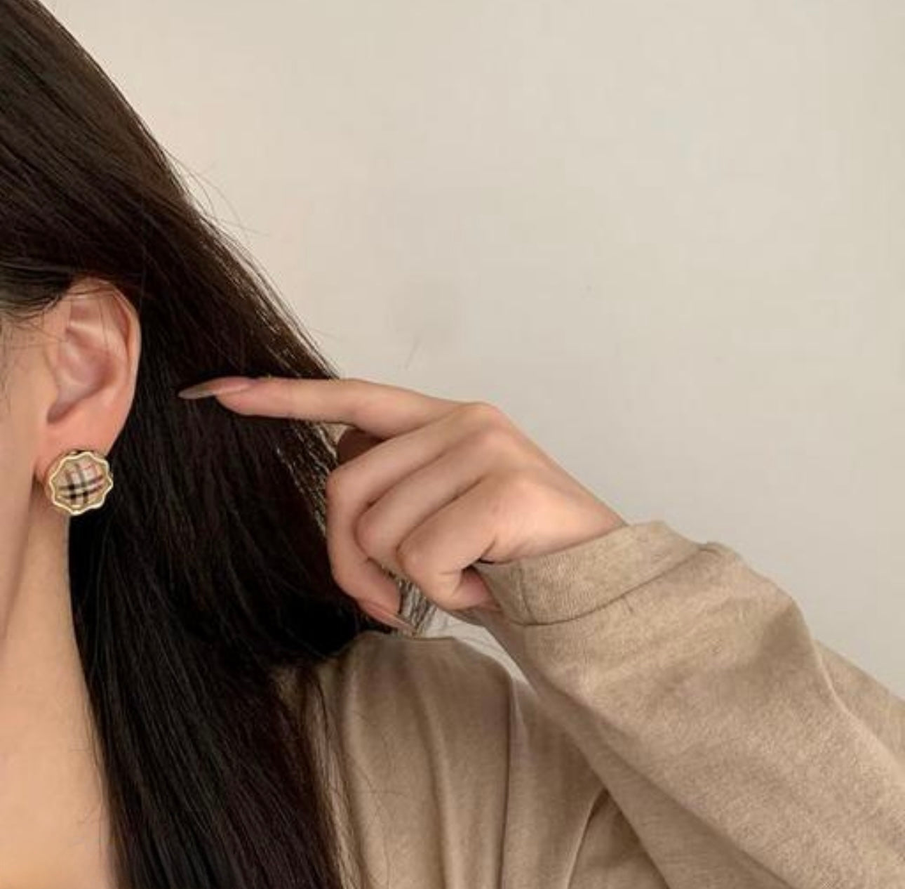 Gold Plaid Tartan Round Stud Statement Earrings