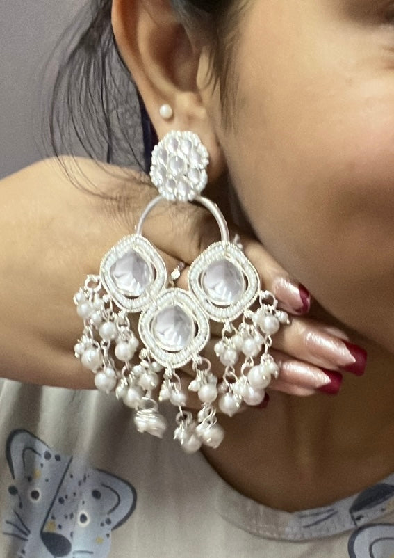 White Kundan Drop Earrings