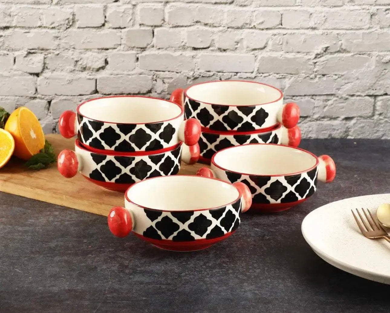 Antique Ceramic Hand Painted Mughal Design Pasta/Soup Serving Bowls - Set of 2