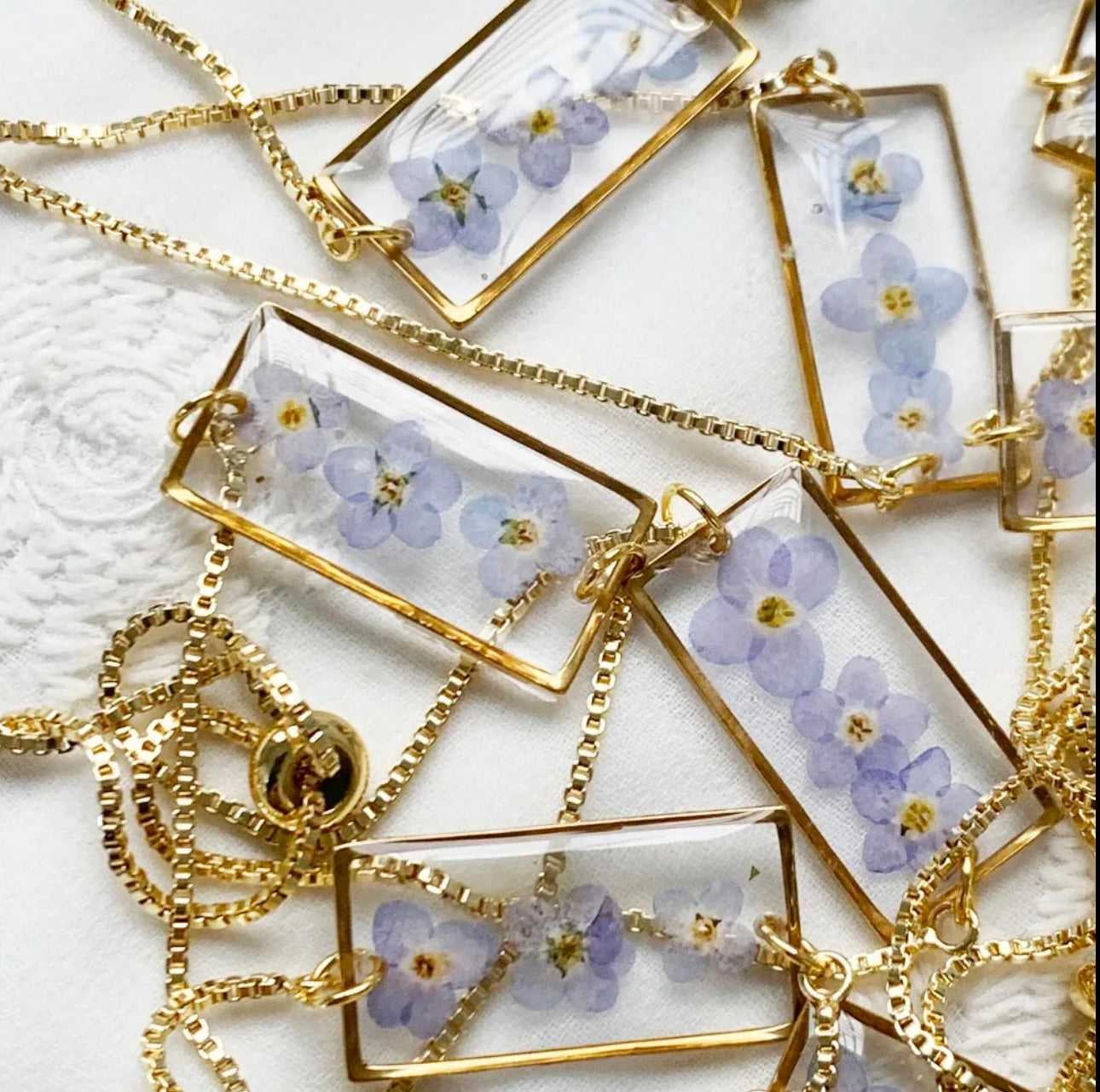 Petite Rectangle Bracelet with Real Forget Me Not Dried Flower