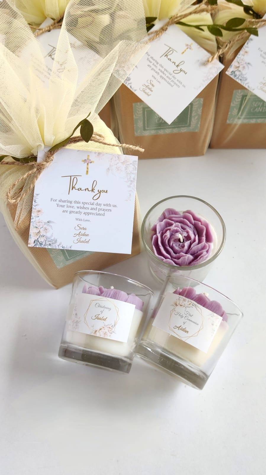 Flower Votive Candles for Return Gifts/Favours with Packaging & Personalised Tags/Stickers