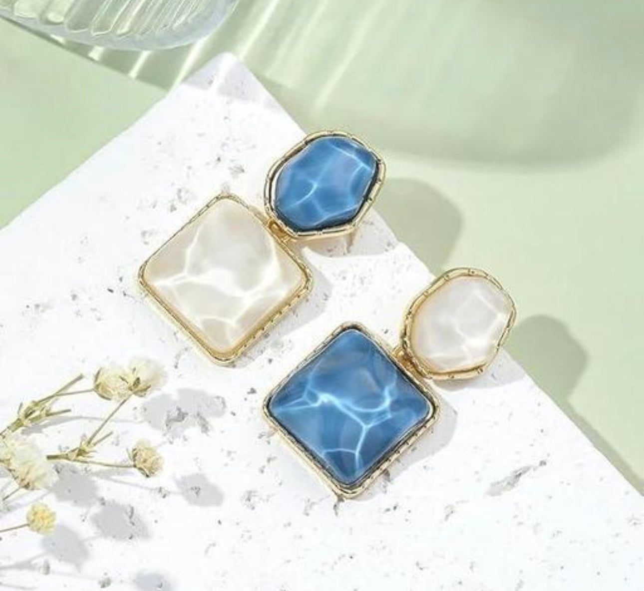 Elegant Gold Plated Blue & White Gemstone Upside Down Ripple Earrings