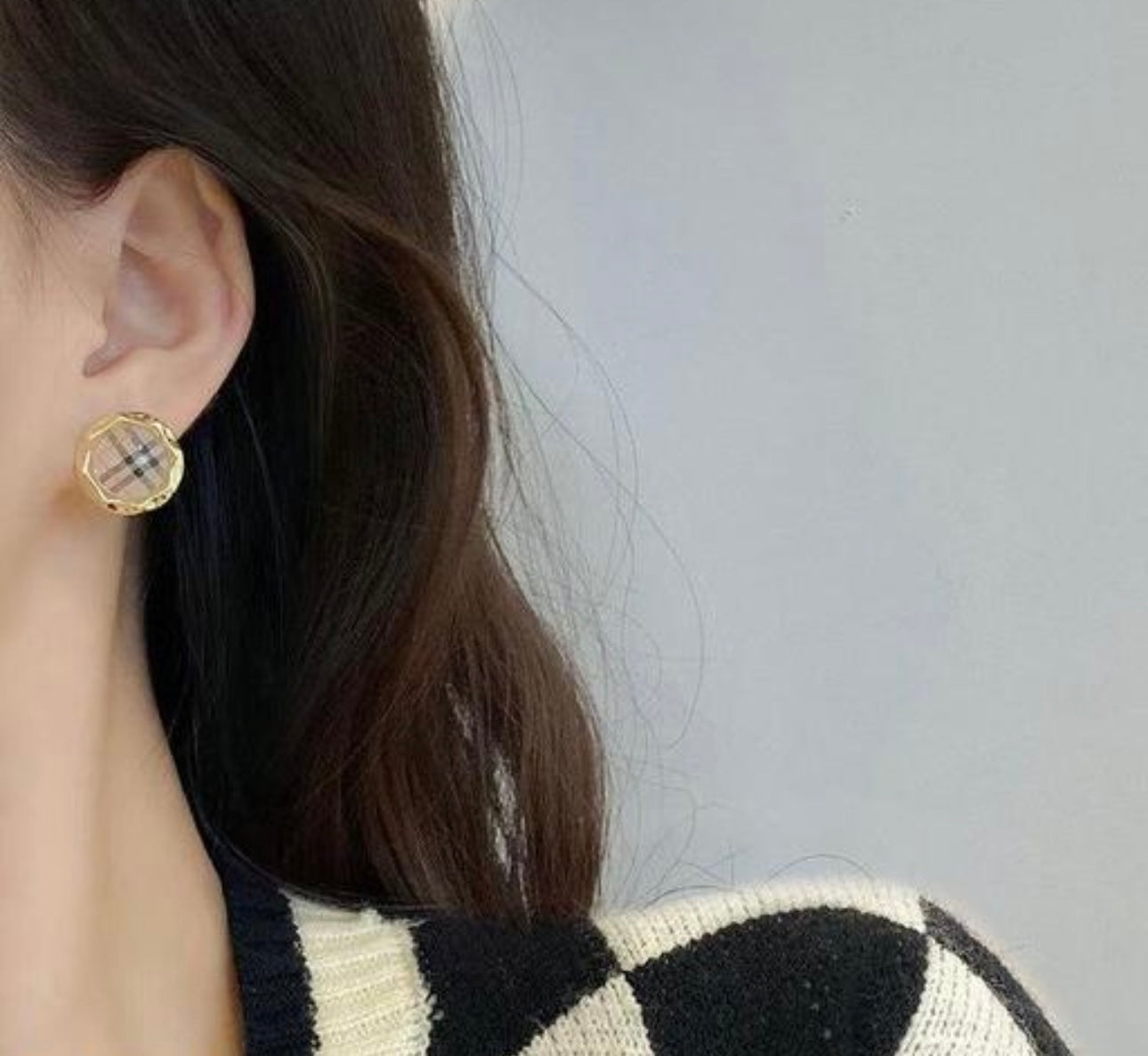 Gold Plaid Tartan Round Stud Statement Earrings