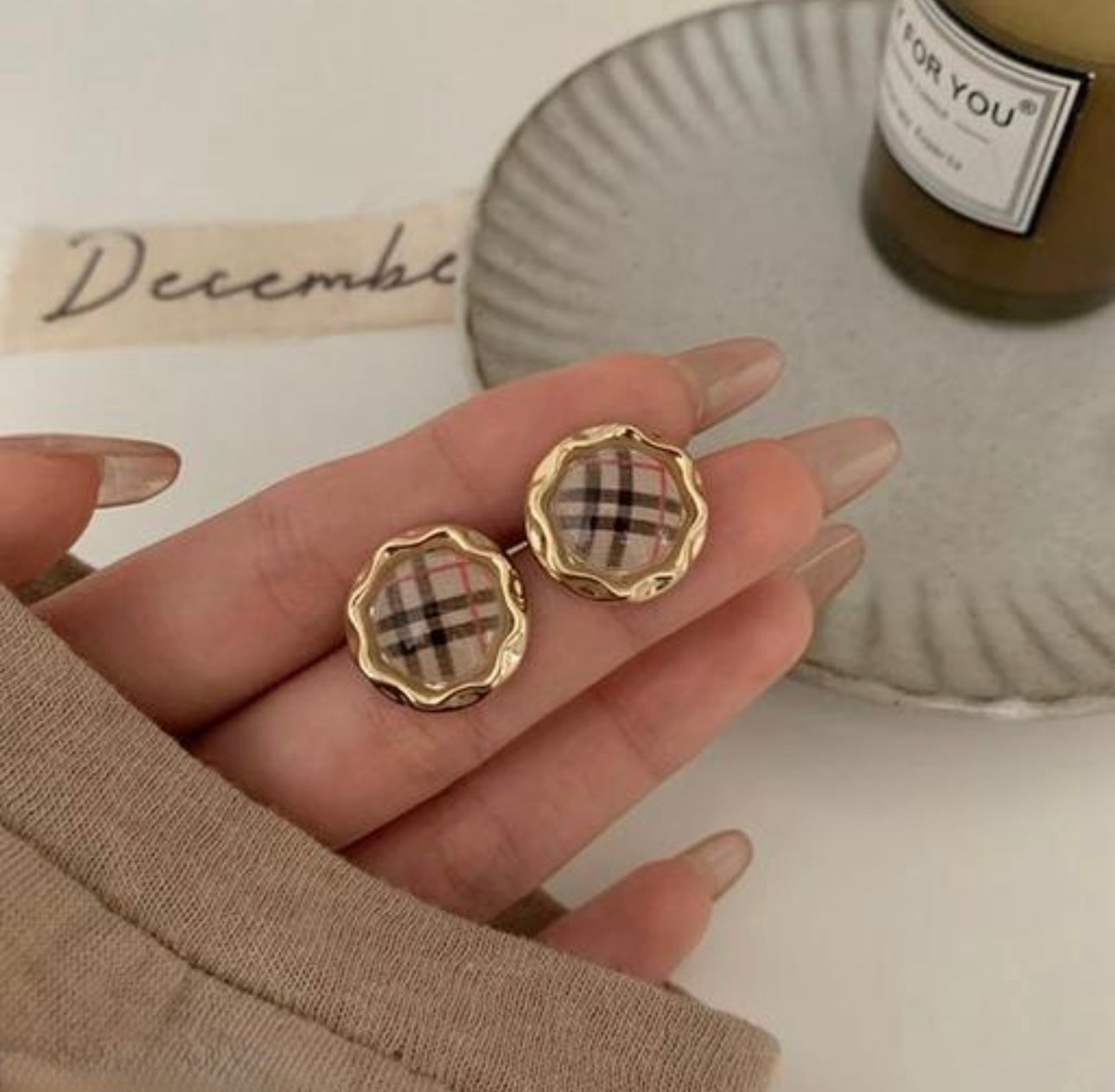 Gold Plaid Tartan Round Stud Statement Earrings