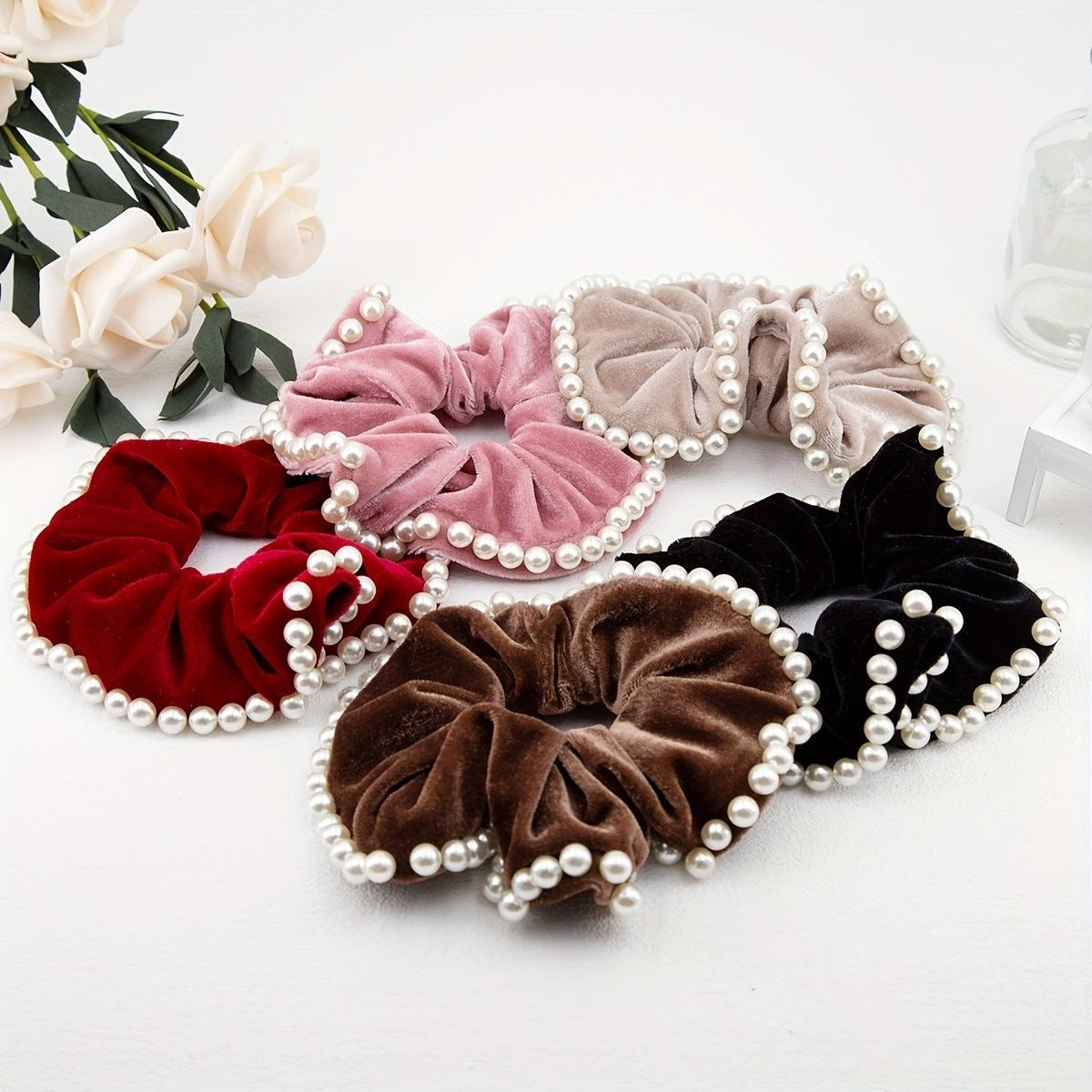 French Vintage Pearl Velvet Scrunchies - Set of 2