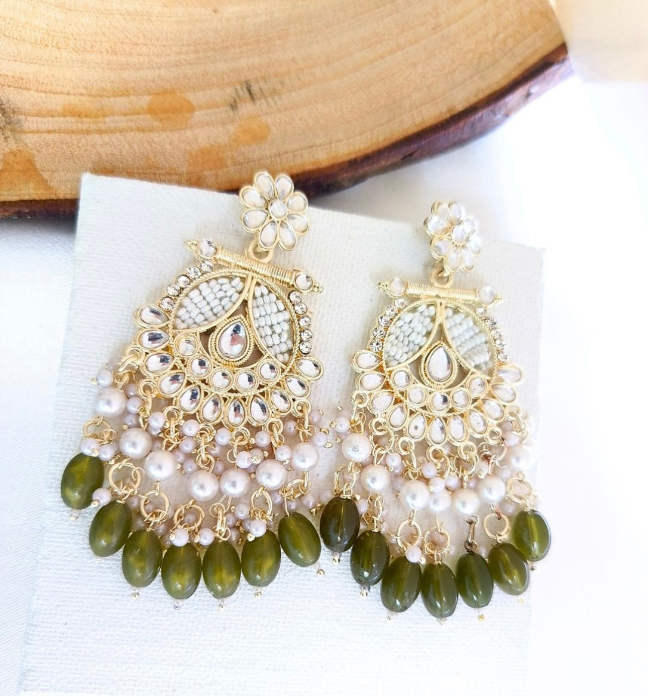 Olive Green & White Kundan Jhumka Earrings