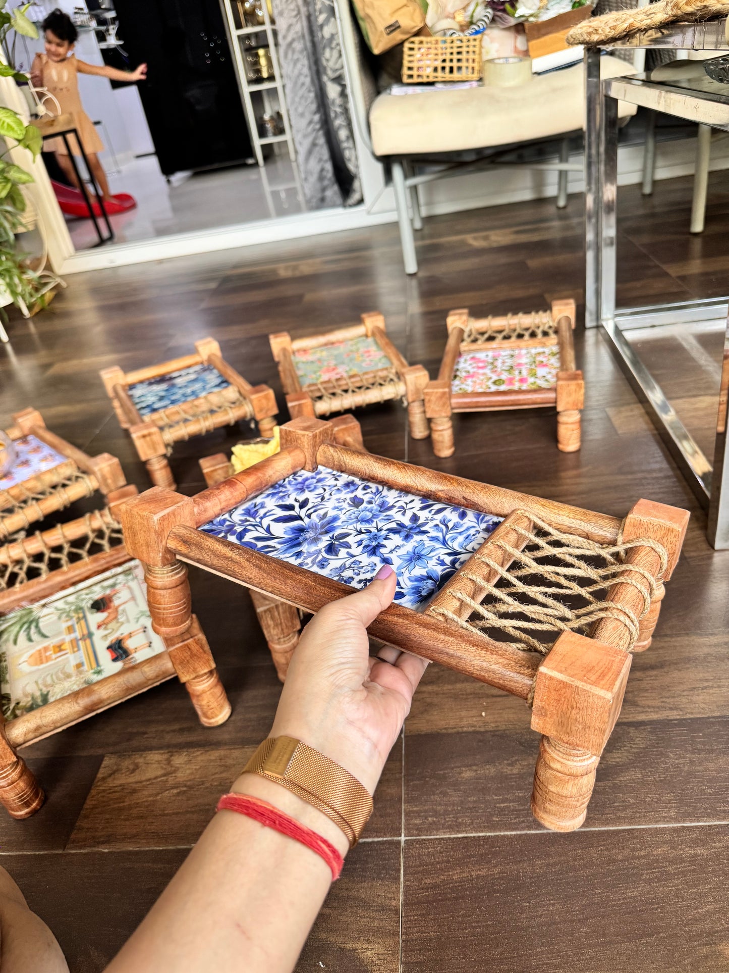 Traditional Blue Pichwai Print Wooden Khatiya/Cot Tray