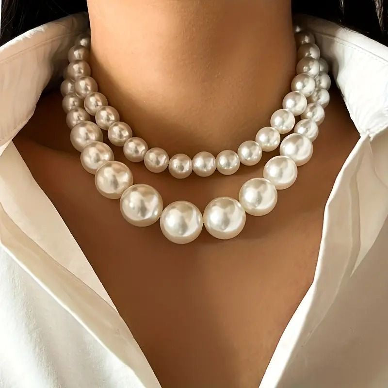 Elegant 2-Layers Pearl Beaded Choker Necklace