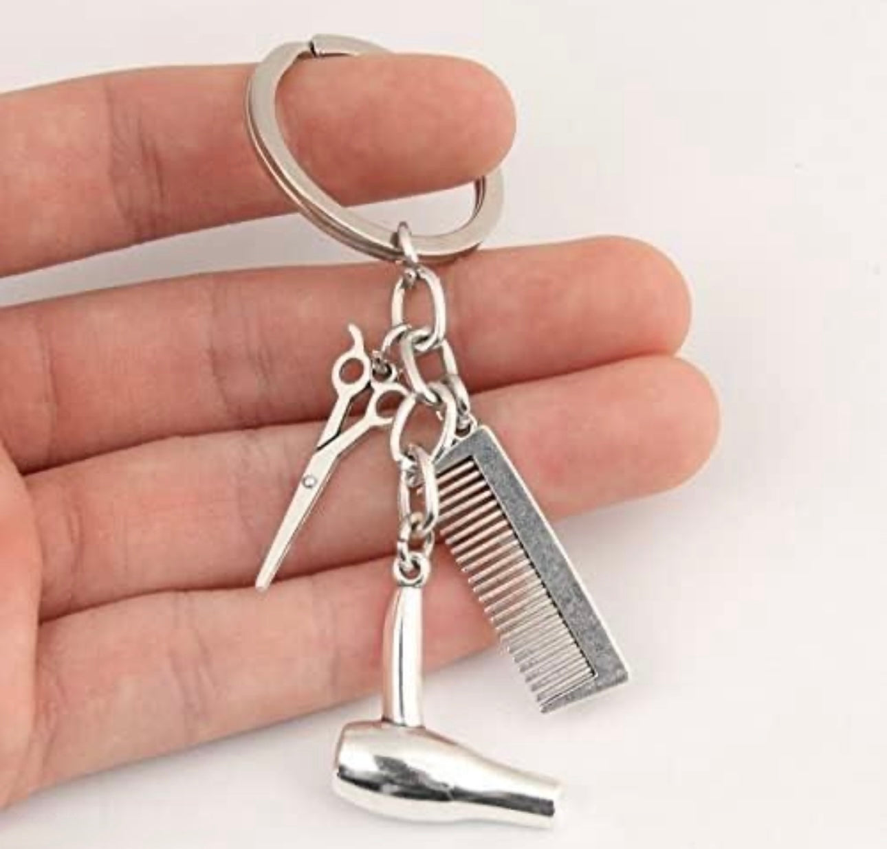 Silver Metal Miniature Dryer Scissor Comb Combo Keychain