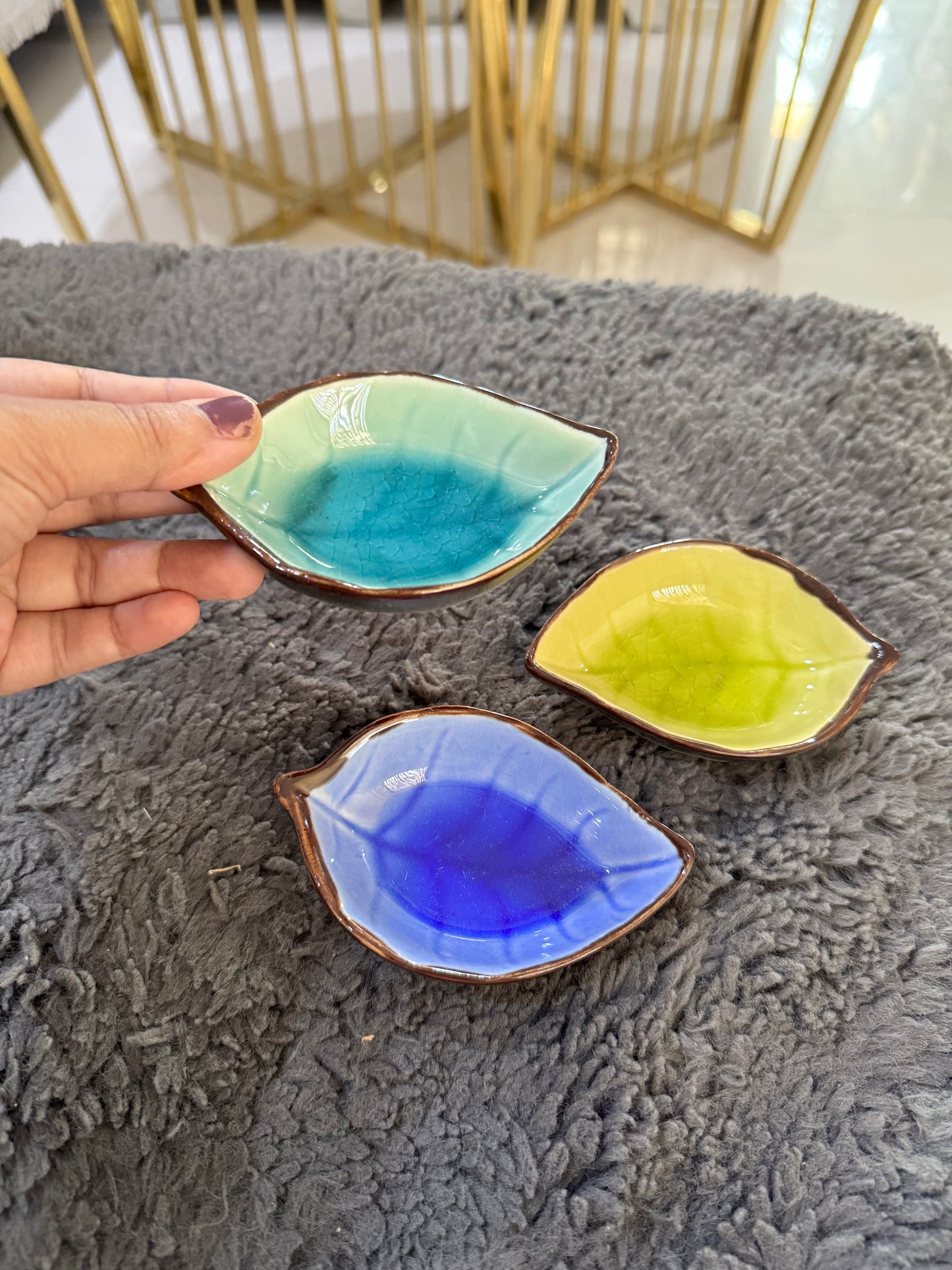 Ceramic Leaf Shaped Small Dip/Chutney Bowls - Set of 3