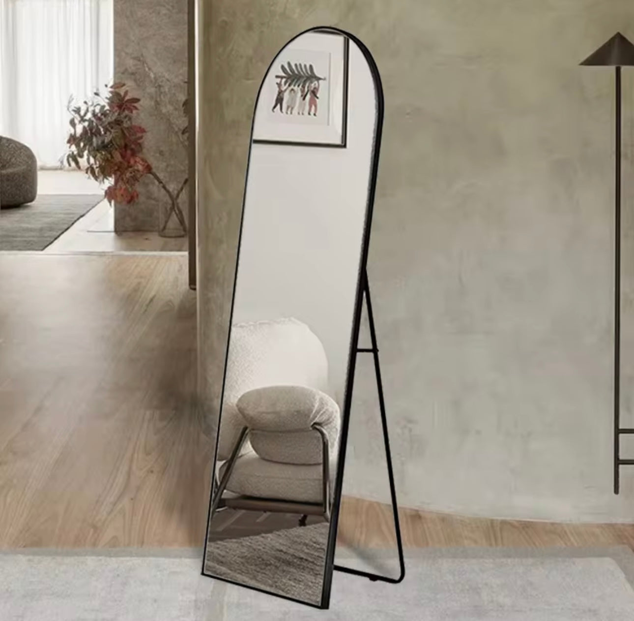 Decorative Full Length Arched Metal Frame Standing Mirror with Stand