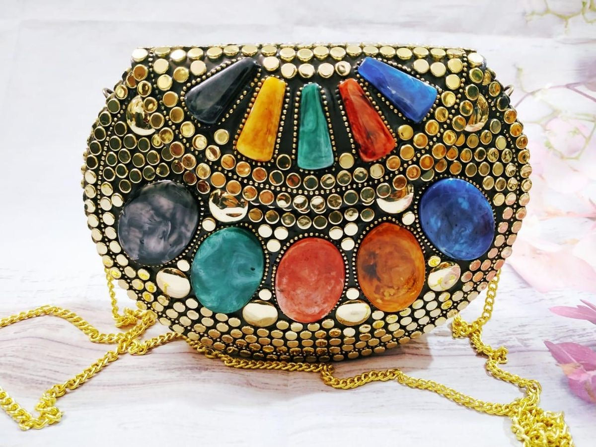 Bohemian Mosaic Gold Clutch with Multi Medallions