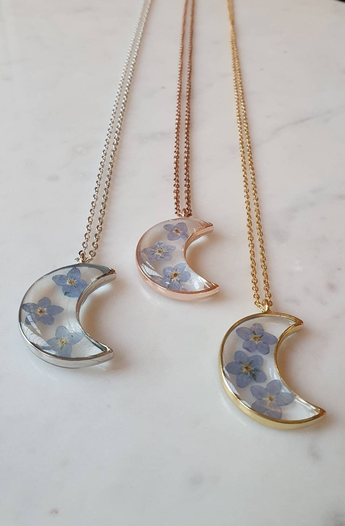 Moon Pendant with Forget-Me-Not Pressed Flowers