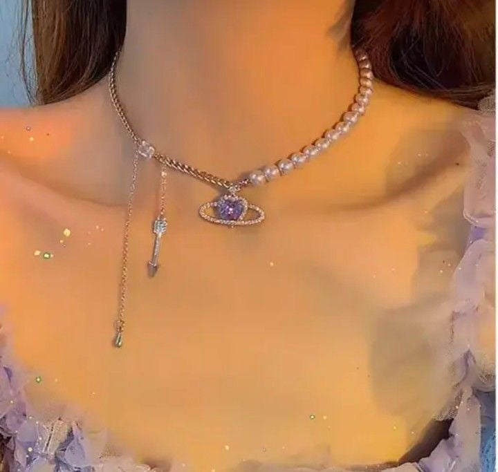 Exquisite Purple Pearly Heart Rhinestones Saturn Design Necklace
