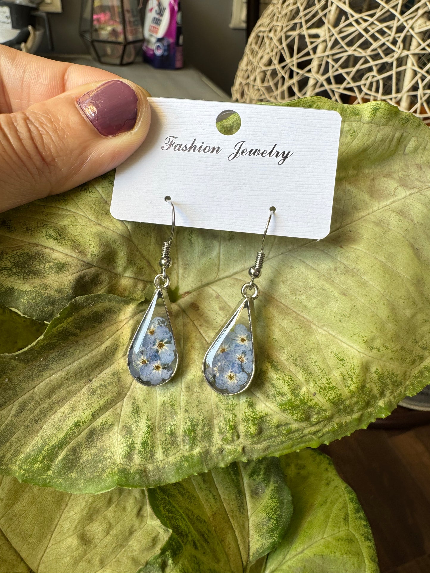 Earrings with Real Forget-Me-Not Pressed Flowers