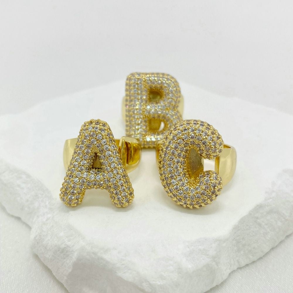 Chunky Adjustable Bubble Alphabet / Initials / Letter Ring with Zircon Stones