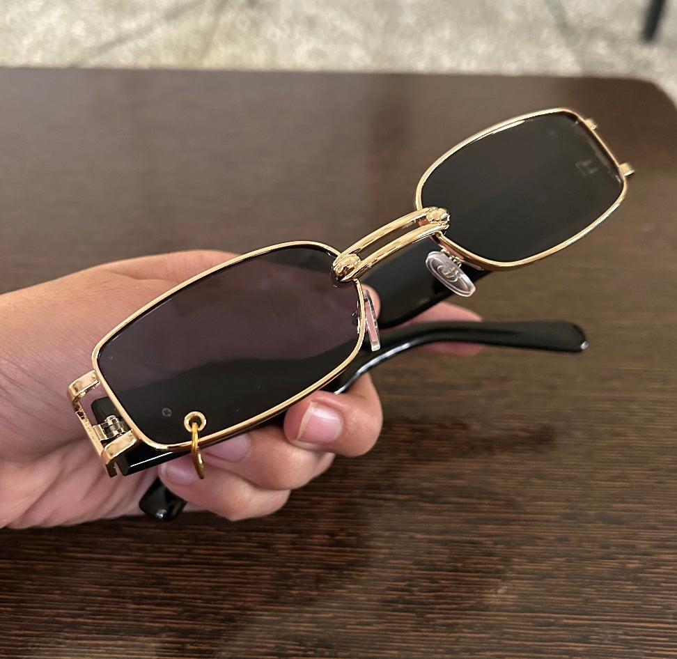Luxury Vintage Rectangular Sunglasses Black & Gold with Metal Rim