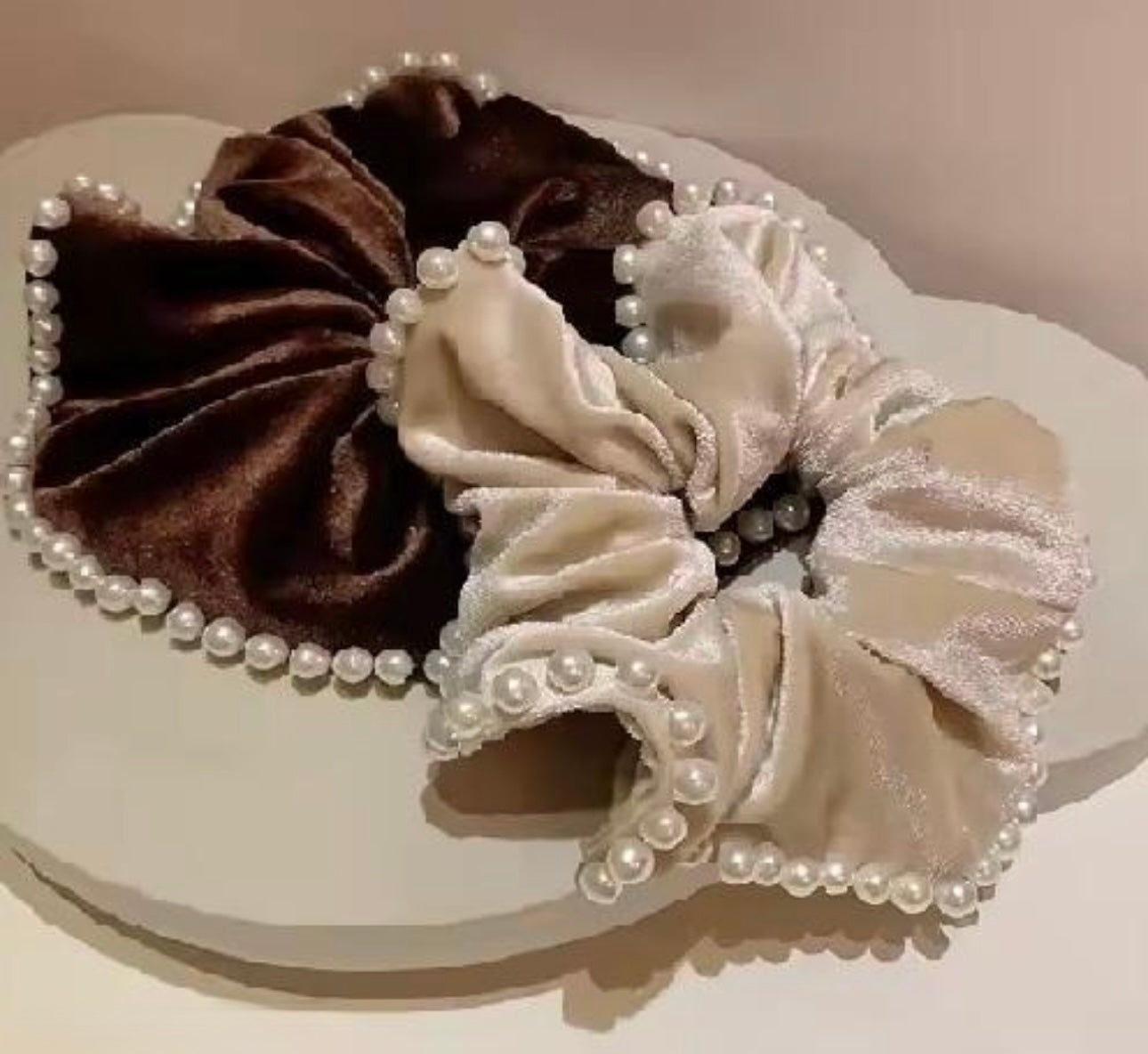 French Vintage Pearl Velvet Scrunchies - Set of 2