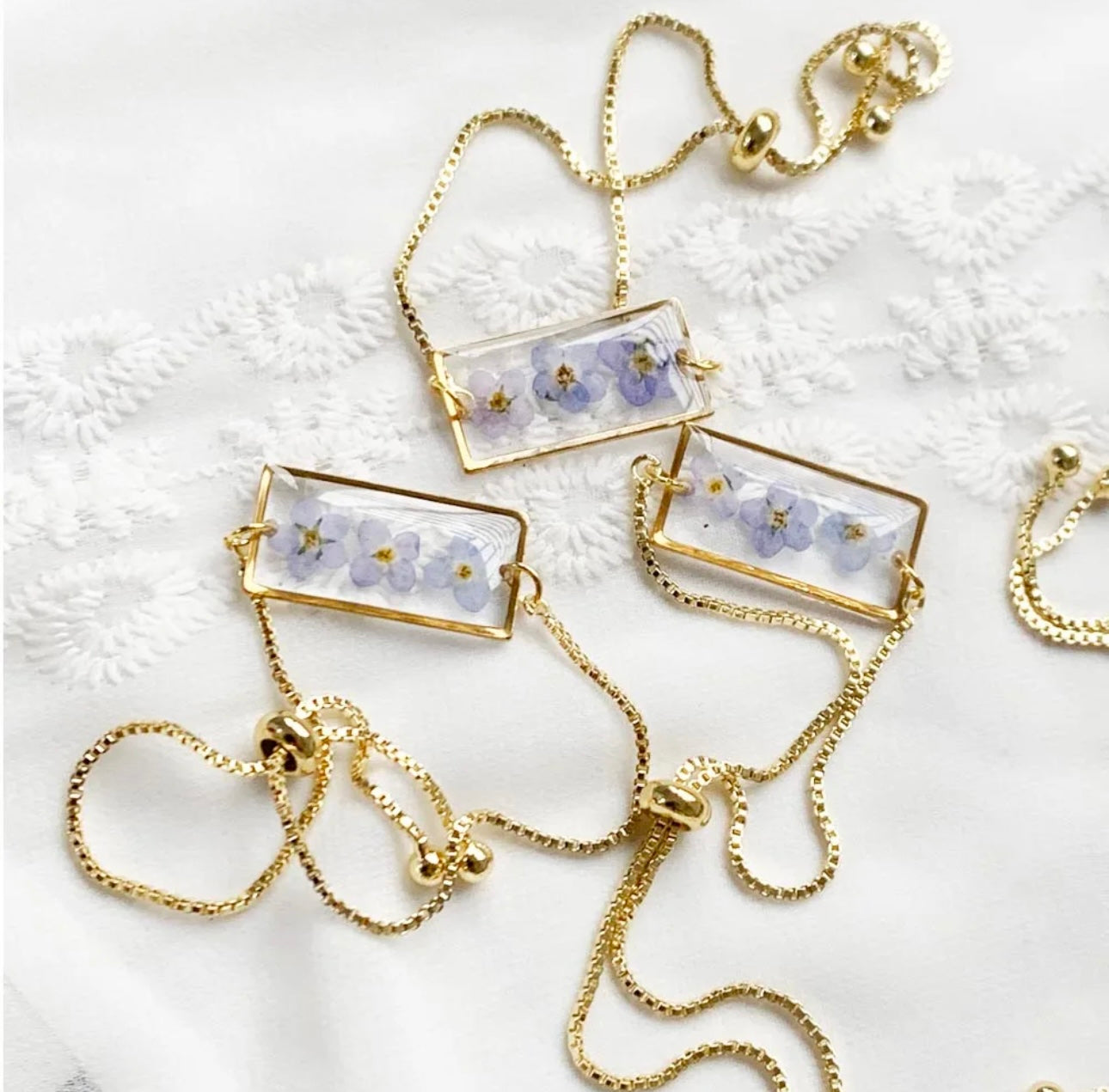 Petite Rectangle Bracelet with Real Forget Me Not Dried Flower