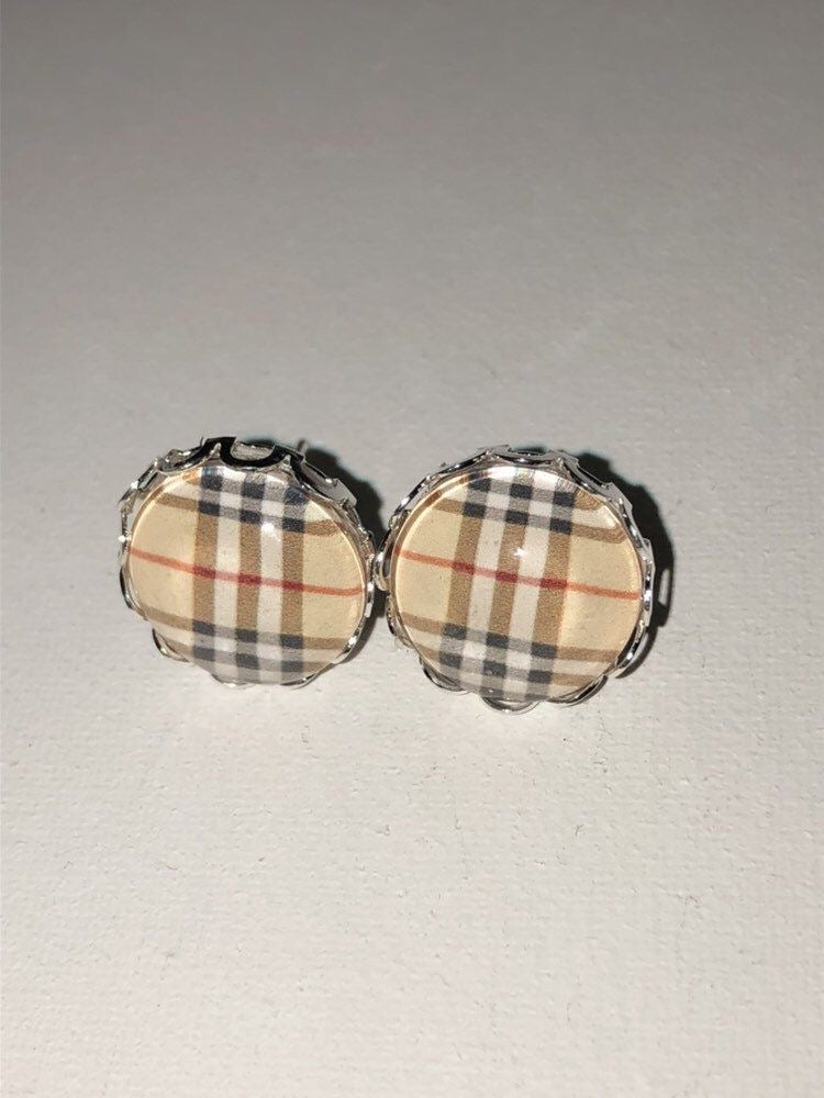 Gold Plaid Tartan Round Stud Statement Earrings