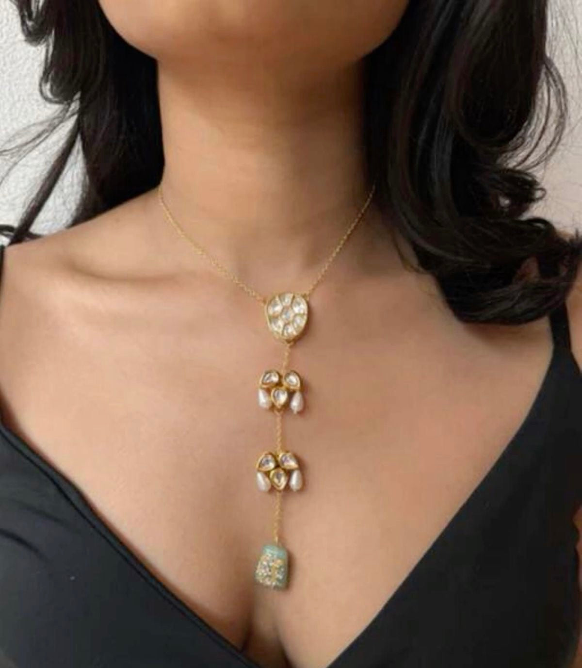 Gold Plated Minimalist Kundan Pearl Lariat Necklace