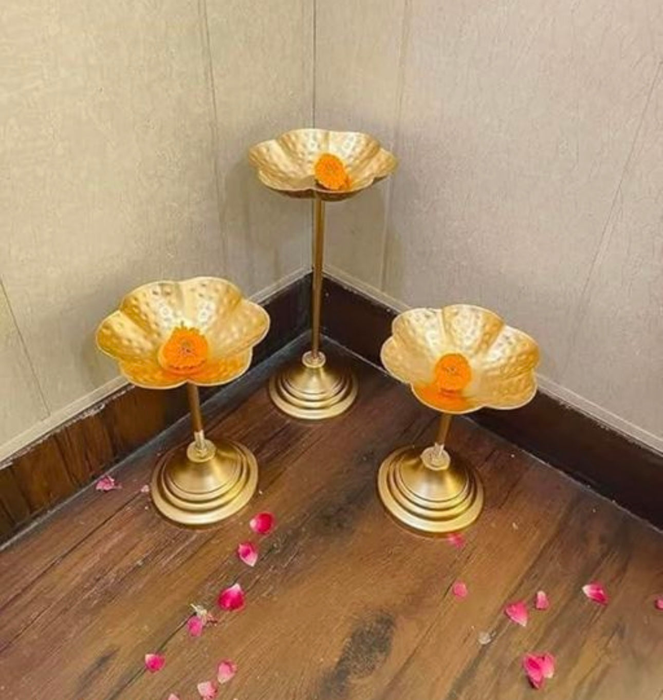 Flower Shape Decorative Metal Tea Light/Diya Holder (Gold) - Set of 3
