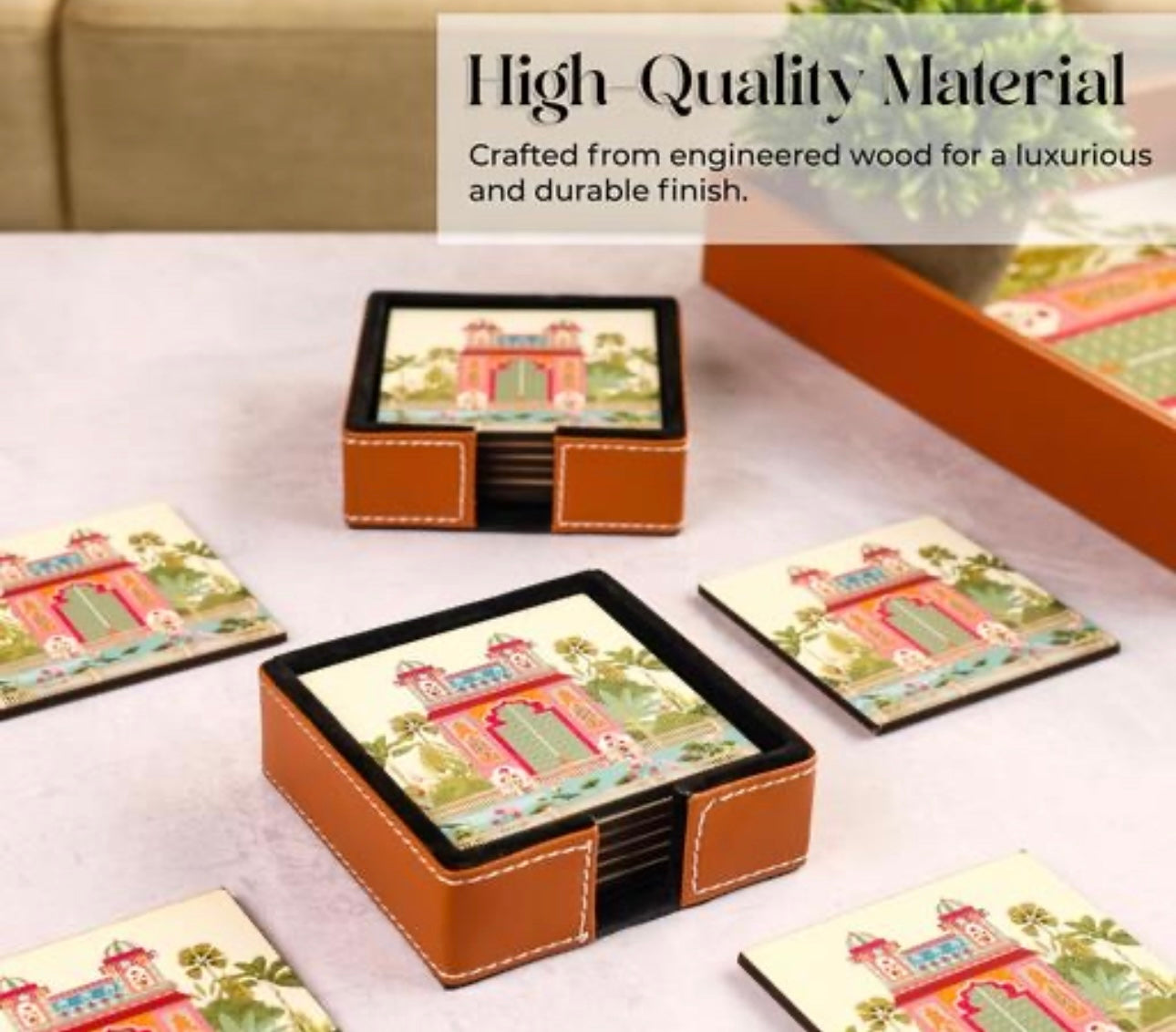 Premium Abstract Design Leather Coasters (Set of 6) with Leather Holder