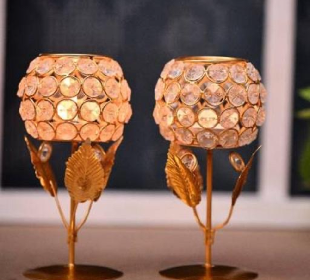 Decorative Crystal Rose Gold Candle Stand - Set of 2
