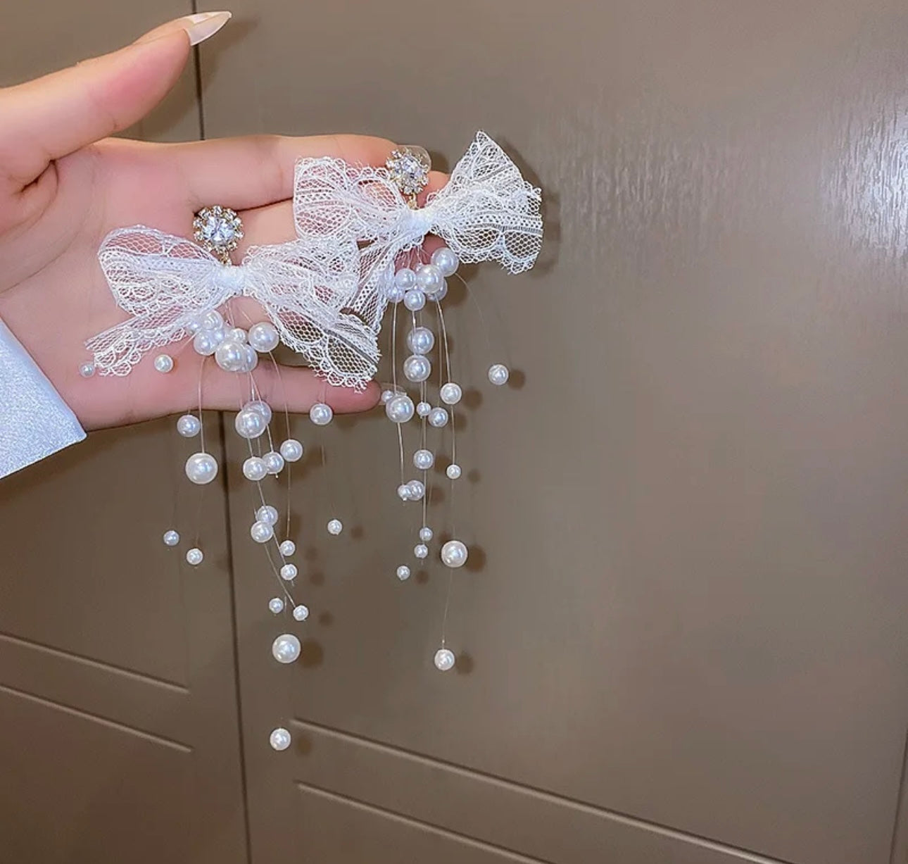 Pearl Diamond Lace Bow Long Earrings