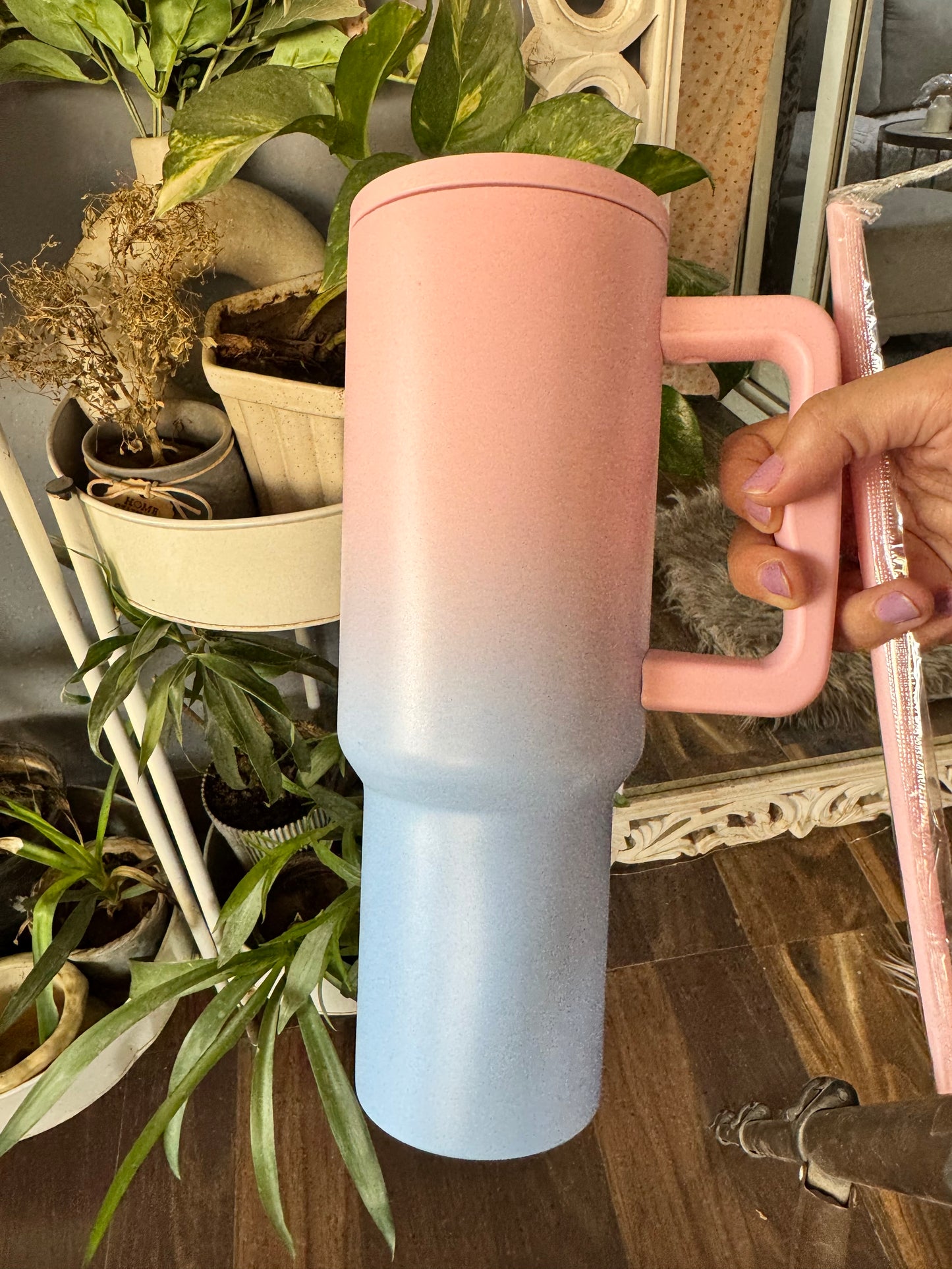 Stanley Mug Imitation Tumbler with Straw & Lid (Pink & Blue)