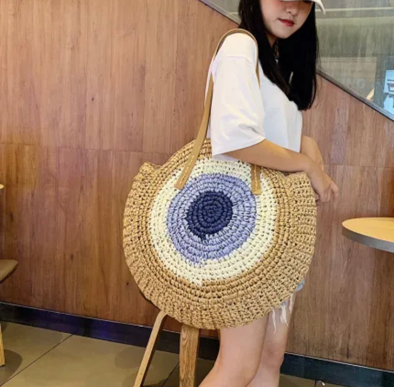 Evil Eye Round Straw Shoulder Bag