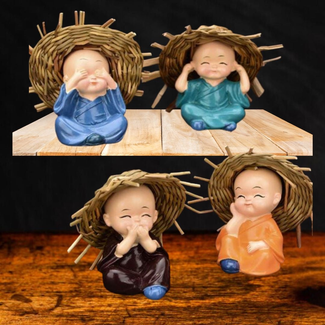 Cute Baby Monk Buddhas with Straw Hats - Set of 4