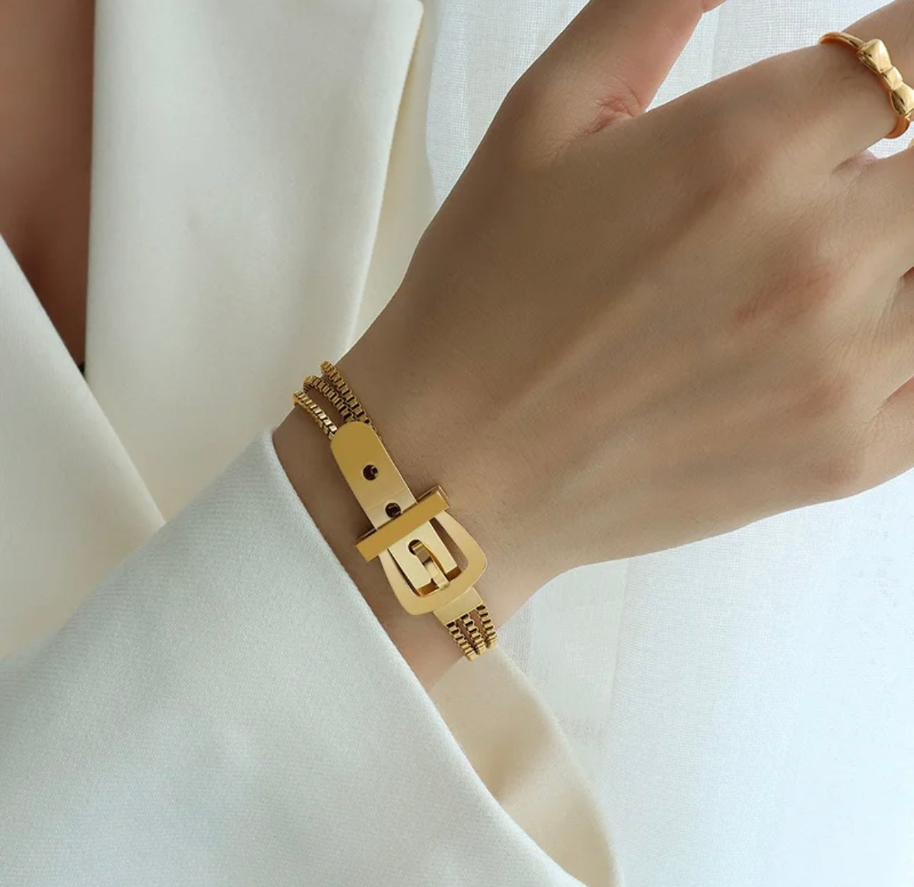 18k Gold Bracelet Watch Belt Buckle 3-Layer Rice Bead Box Chain