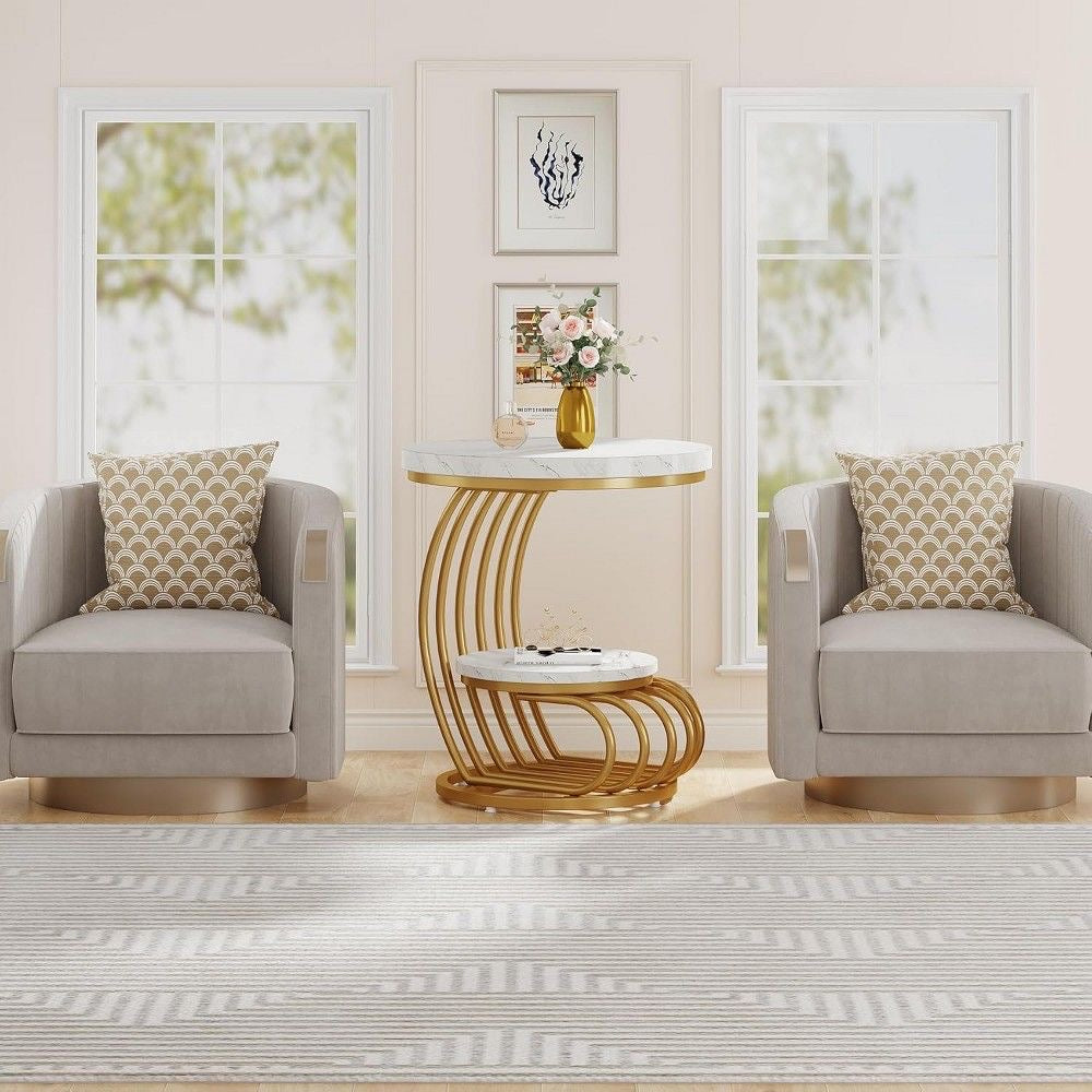 Gold 2-Tier Side Table with White Faux Marble Top