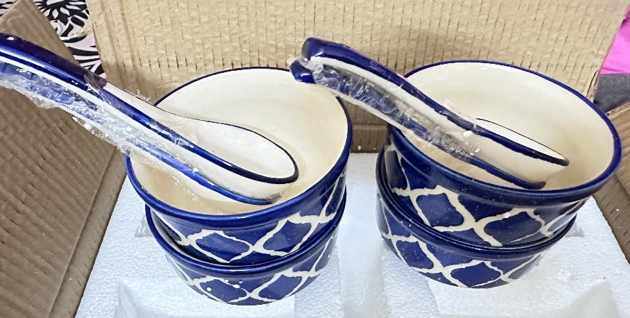 Ceramic Hand Painted Stoneware Large Soup Bowls with Matching Spoons - Set of 4
