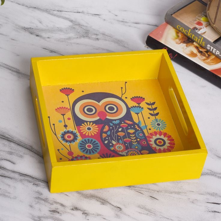 Premium Mango Wood Owl Print Trays - Set of 2